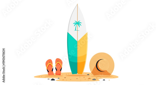 Vector illustration of surfboard, flip flops and beach ball on sand
