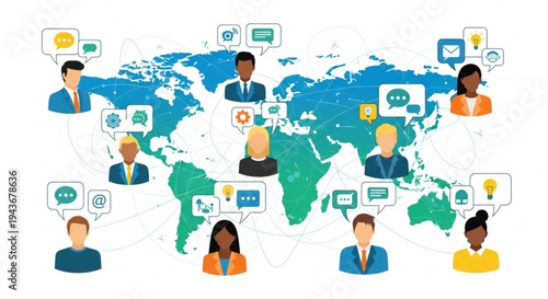 Diverse people from around the world communicating globally with speech bubbles and icons on a map