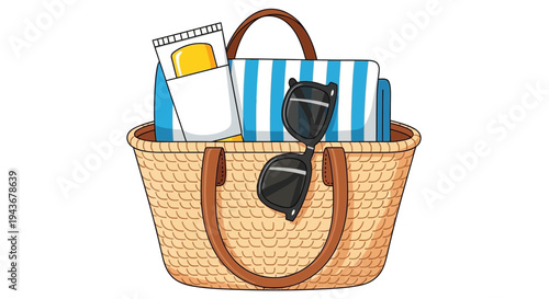 Vector beach bag with sunglasses and summer accessories