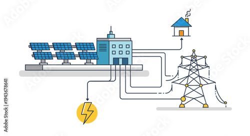 Vector illustration of solar power plant and electricity distribution