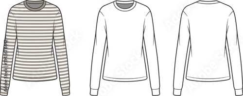 Long sleeve t shirt front and back views with striped variation, fashion technical drawing, casual clothing apparel template vector illustration