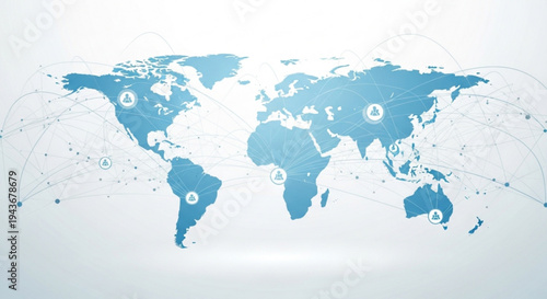 Global connections map with blue continents and white network lines on light background