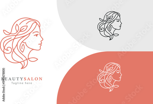 Beauty Salon Logo, Minimalist Line Art Woman Face for Spa, Hair Spa and Wellness Branding, Generative AI