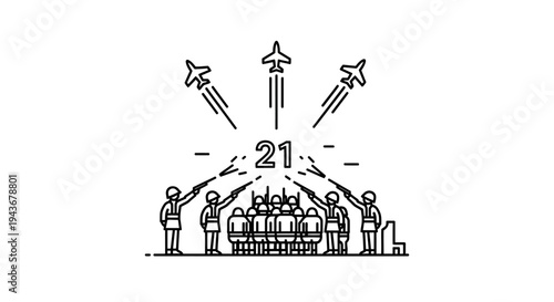 Military jets fly over crowd celebrating with fireworks and number 21