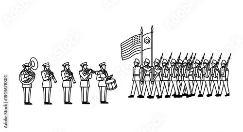 Military Marching Band and Soldiers Parade with American Flag