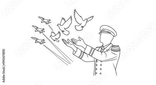 Military Officer Releasing Doves, Jets Flying in Formation