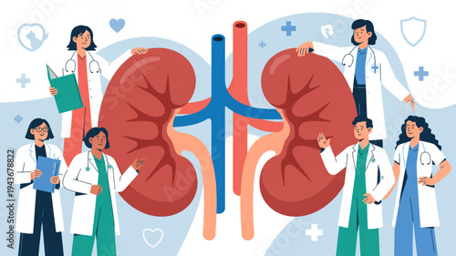 Medical professionals surrounding human kidneys with ureters and blood vessels emphasizing healthcare and nephrology concepts