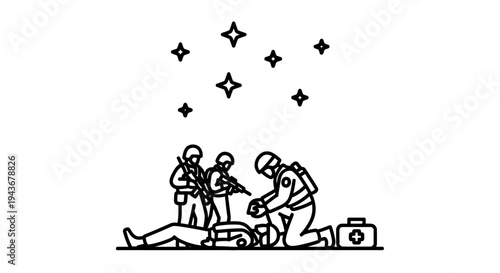 Military Medic Tending Wounded Soldier Under Stars, Medical Aid, Combat Scene