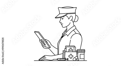 Military Nurse Using Digital Tablet with Medical Supplies