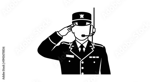 Military Officer Saluting with Headset, Professional Communication and Service