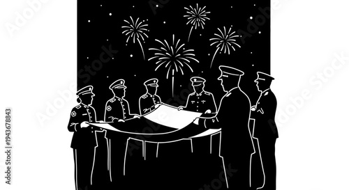 Military Officers Unveiling Flag with Fireworks Celebration