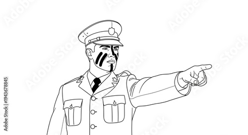 Military officer with face paint pointing direction, commanding gesture, leadership, army, war, strategy