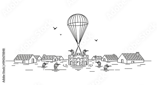 Military Parachute Drop onto Flooded Village with Soldiers in Water