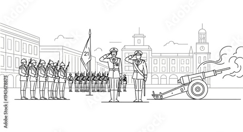 Military Parade Saluting Cannon Firing with Soldiers and Flag