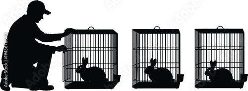 Rabbit care silhouette, animal cage illustration, person feeding rabbit, pet shelter icon, animal welfare graphic, farm livestock management artwork