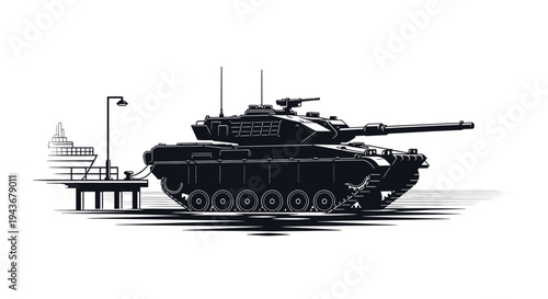 Military Tank on Dock Next to Ship, Black and White Illustration