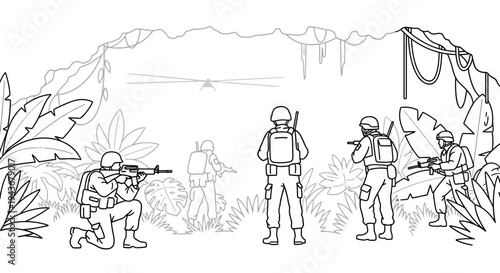 Military Squad Ambush in Jungle: Soldiers in Combat Gear with Rifles, Helicopter Overhead