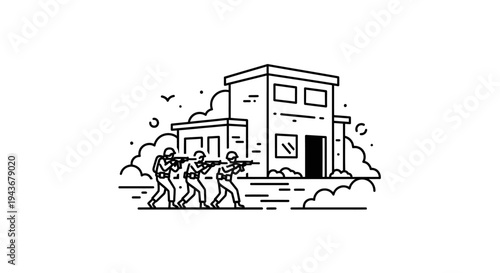 Military Squad Advancing on Building, Tactical Operation, Soldiers with Rifles, Line Art Illustration