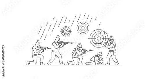 Military training exercise with soldiers practicing shooting targets in the rain