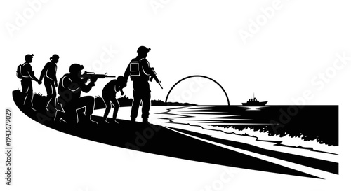 Military Special Forces Team Landing on Beach at Sunrise with Boat Offshore