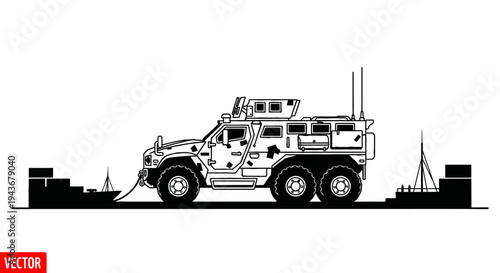 Military Truck on Dock with Ships, Vector Illustration