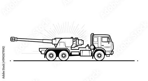 Mobile Artillery Cannon on Truck, Military Vehicle, Warfare Equipment, Vector Illustration