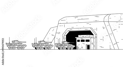 Military Tanks Entering a Bunker Entrance, Line Art Illustration