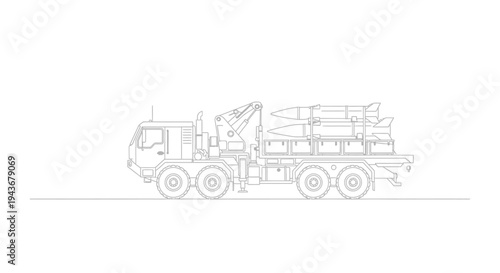 Military Truck with Missile Launcher - Line Art Illustration