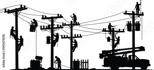 Utility workers silhouettes, electrical line maintenance, power pole repair illustration, teamwork safety icons, electricity infrastructure graphics, energy distribution service artwork