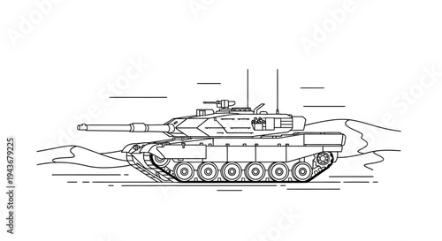 Modern military tank illustration in desert landscape, dynamic motion lines
