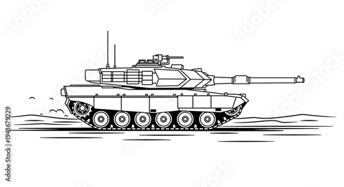 Modern Military Tank Illustration, Heavy Armored Vehicle, Combat Machine, Outline Drawing