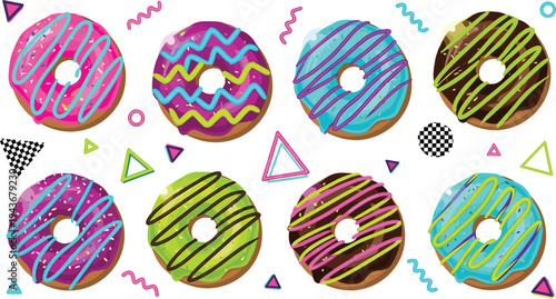 Retro 80s neon donut collection with bright colorful glaze and geometric Memphis style elements, fun dessert vector illustration set