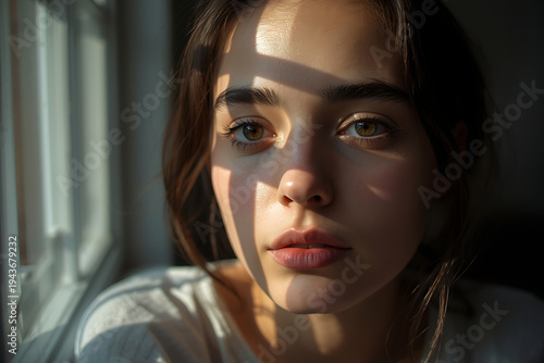 Sad Thoughtful fear Woman in Soft Natural Light, Emotional Reflection, Loneliness and Quiet Contemplation Mood.