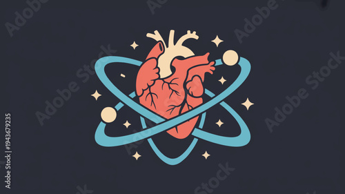Vibrant red heart with blue orbiting rings and stars on dark background symbolizing love and energy