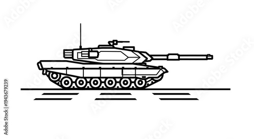 Modern Military Tank Illustration, Side View, Black and White Line Art