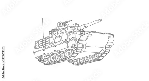 Modern Military Tank Outline Drawing - Vector Illustration