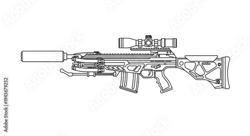 Modern Sniper Rifle with Silencer and Scope, Tactical Weapon Illustration