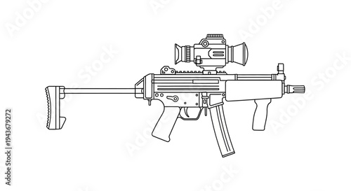 Modern Submachine Gun with Red Dot Sight and Collapsible Stock - Line Art