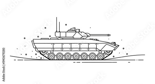 Modern Tank Vector Illustration, Military Vehicle, Combat Machine, Outline Art
