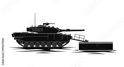 Modern Tank with Trailer, Military Vehicle Silhouette, Armored Transport