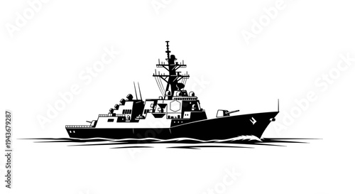 Modern Warship Silhouette Sailing on Water
