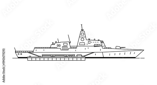 Modern Warship Silhouette: Naval Destroyer or Frigate Outline, Military Vessel Blueprint Style
