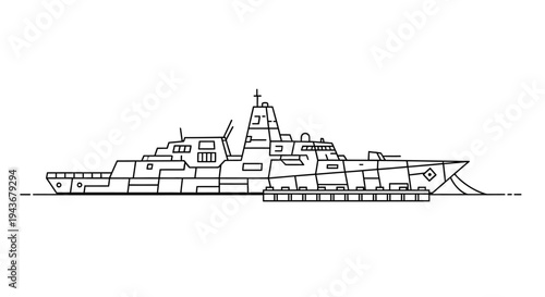 Modern Warship Silhouette, Military Naval Vessel Outline, Industrial Ship Design