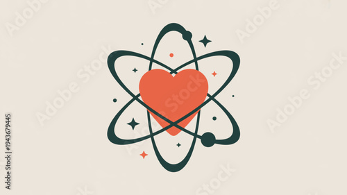 Heart symbol surrounded by atom orbits with stars and red splashes on beige background