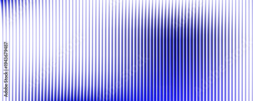 Abstract vertical blue blinds texture features numerous parallel slats illuminated by a strong white light source originating from the left side casting deep shadows and creating a dynamic visual rhy
