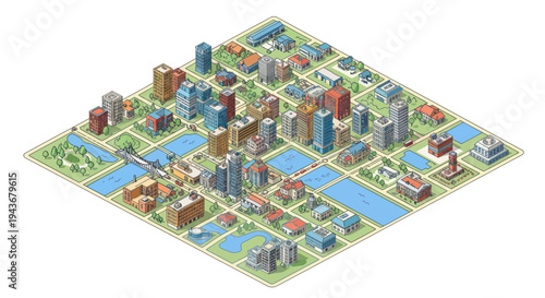 Isometric Cityscape with Buildings, Streets, and Waterways