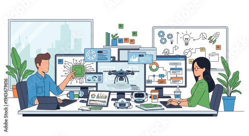 Two engineers collaborating on drone technology development.