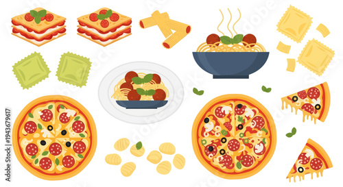 Italian Food Assortment: Pizza, Pasta, Lasagna, Ravioli, Meatballs, Mozzarella