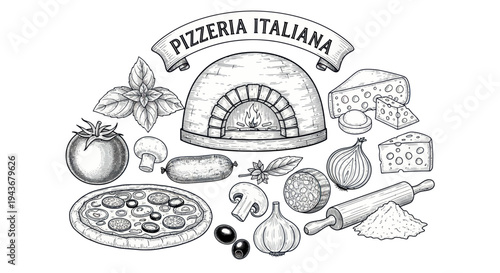 Italian Pizzeria Sketch: Pizza, Oven, Ingredients, Rolling Pin, White Background