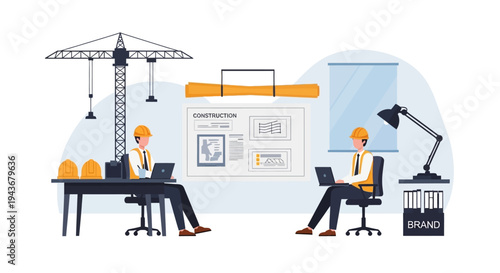 Two engineers working on laptops at construction site office.